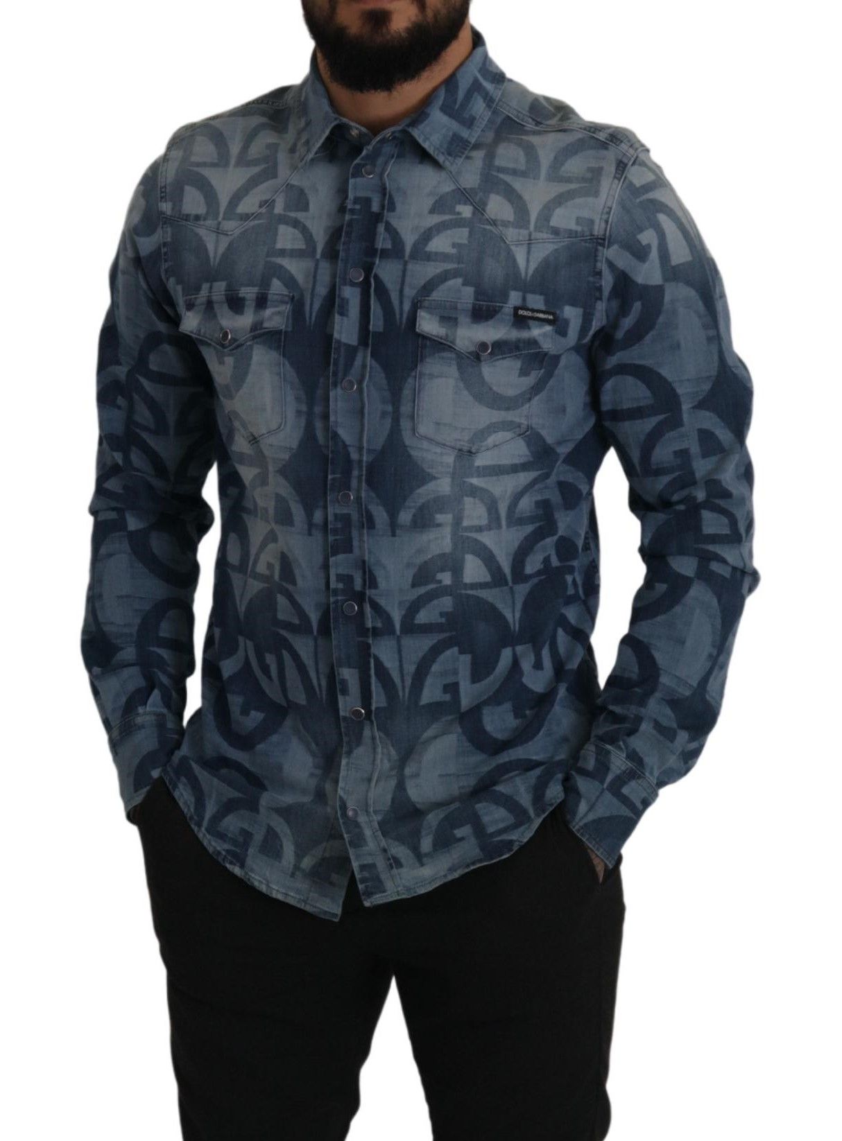 Dolce & Gabbana Blue Denim Stretch DG Logo Casual Mens Slim Shirt by Dolce & Gabbana