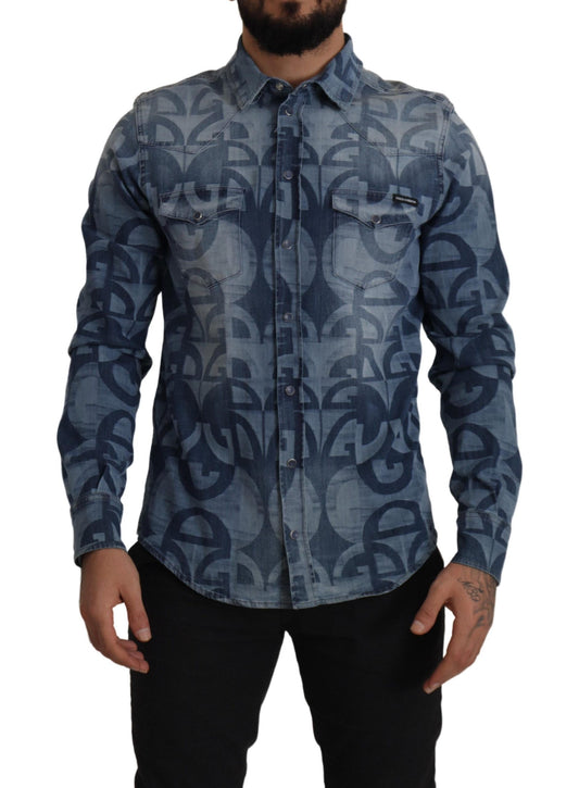 Dolce & Gabbana Blue Denim Stretch DG Logo Casual Mens Slim Shirt by Dolce & Gabbana