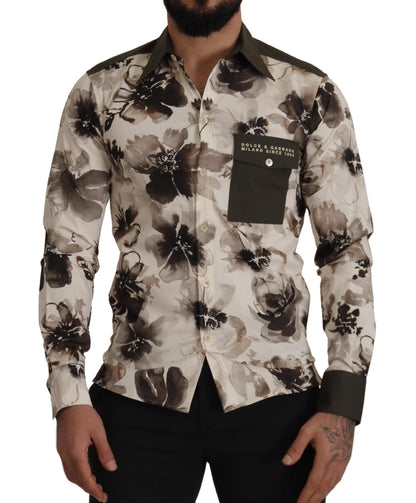 Dolce & Gabbana Green Beige Floral Cotton Stretch Exclusive Shirt by Dolce & Gabbana