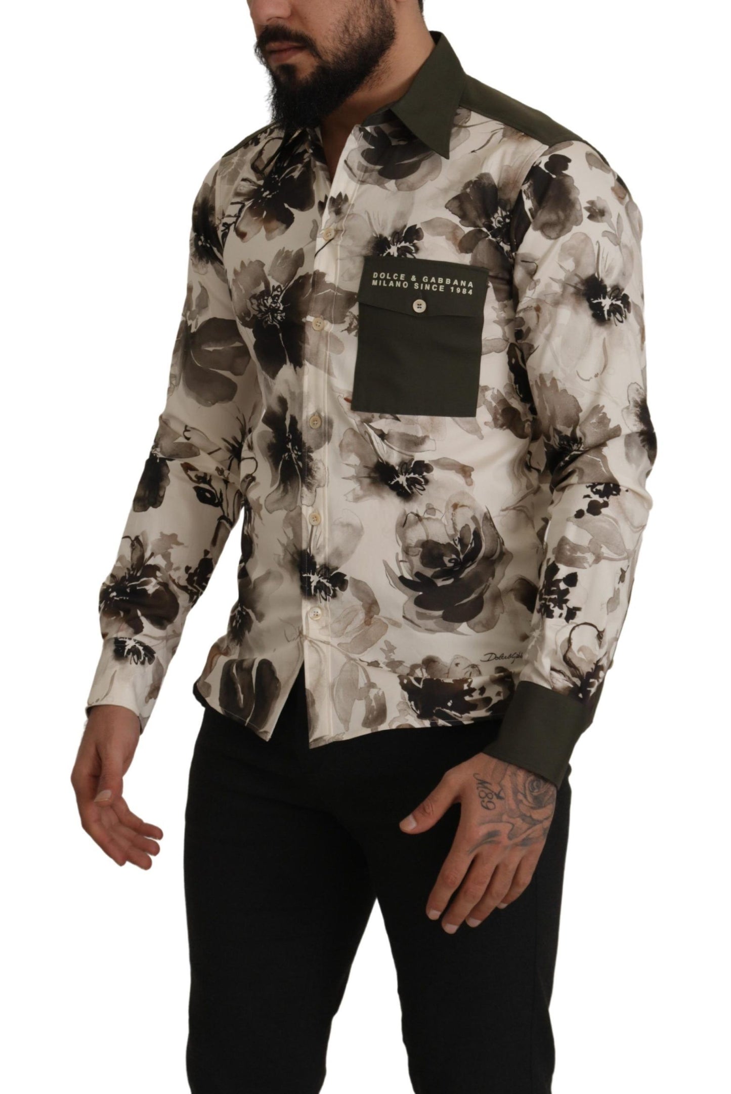 Dolce & Gabbana Green Beige Floral Cotton Stretch Exclusive Shirt by Dolce & Gabbana