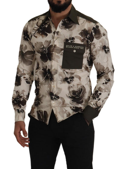 Dolce & Gabbana Green Beige Floral Cotton Stretch Exclusive Shirt by Dolce & Gabbana