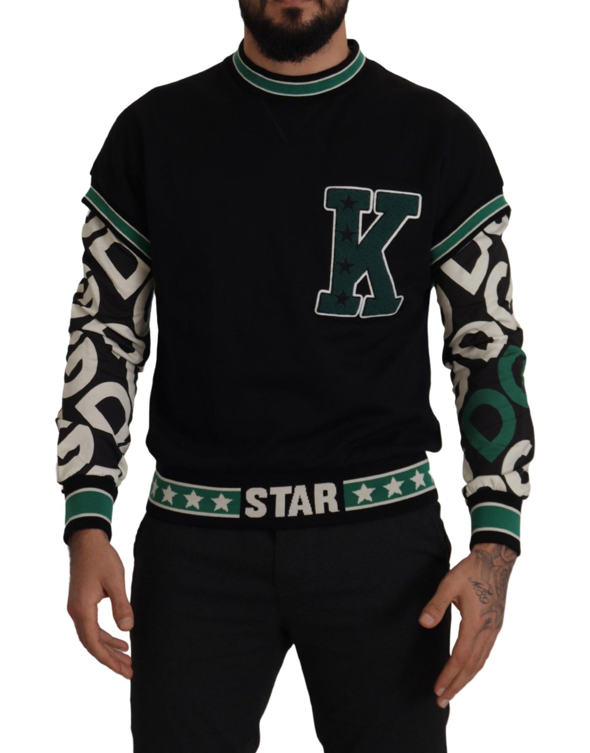 Dolce & Gabbana Black Green Cotton KING Star Crewneck Pullover Sweater by Dolce & Gabbana