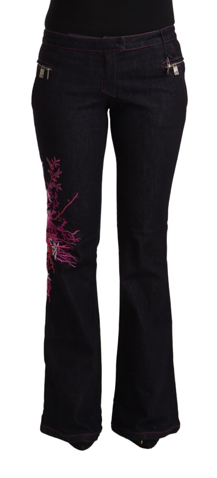 Exte Black Cotton Stretch Mid Waist Cotton Flared Denim Jeans by Exte