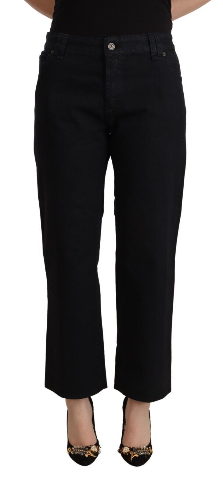 John Galliano Black Cotton Flared Cropped High Waist Denim Jeans by John Galliano