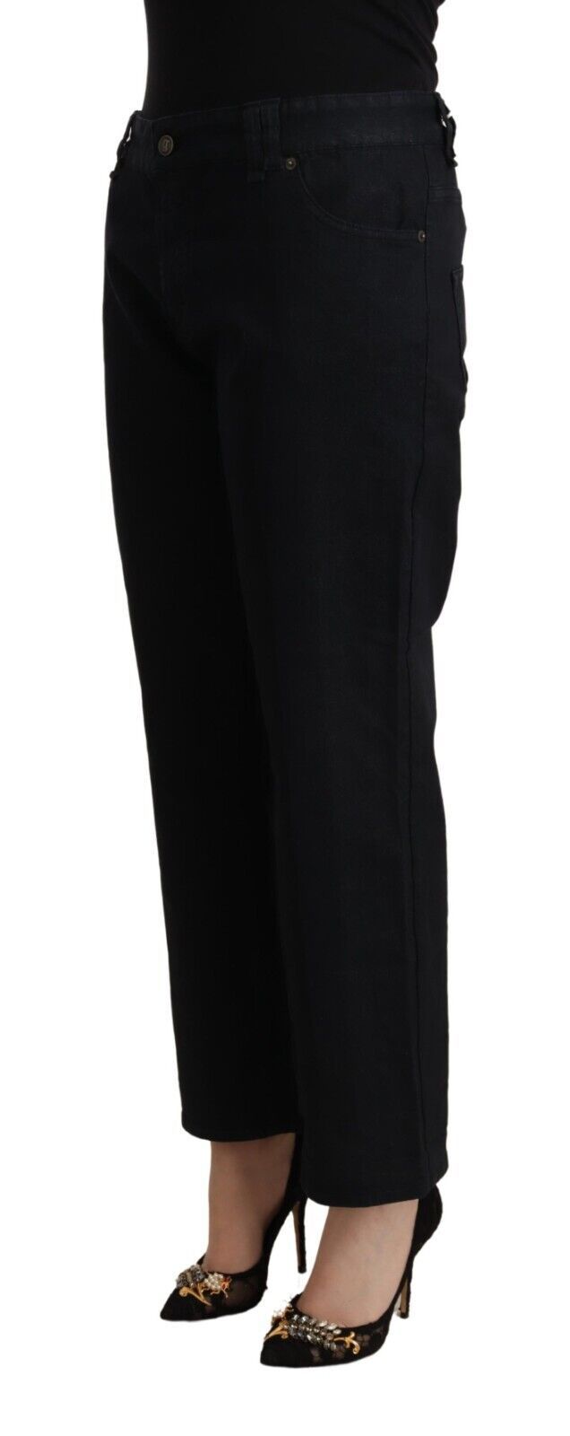 John Galliano Black Cotton Flared Cropped High Waist Denim Jeans by John Galliano