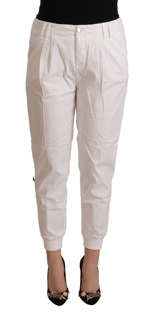 Met White Cotton Mid Waist Tapered Cropped Pants by Met