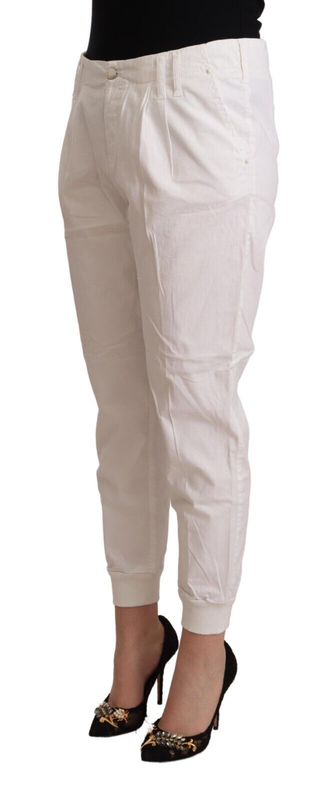 Met White Cotton Mid Waist Tapered Cropped Pants by Met