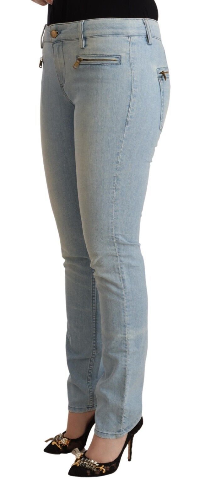 MILA SCHÖN Light Blue Cotton Mid Waist Slim Fit Denim Jeans by MILA SCHÖN
