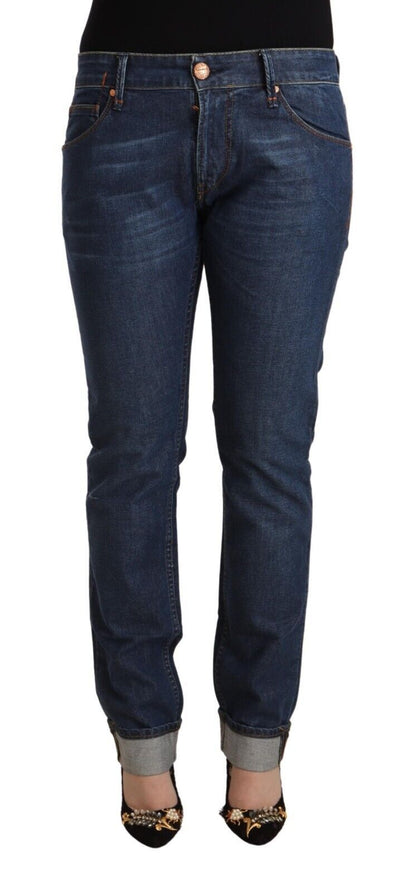 Eight Dark Blue Cotton Slim Fit Folded Hem Denim Jeans