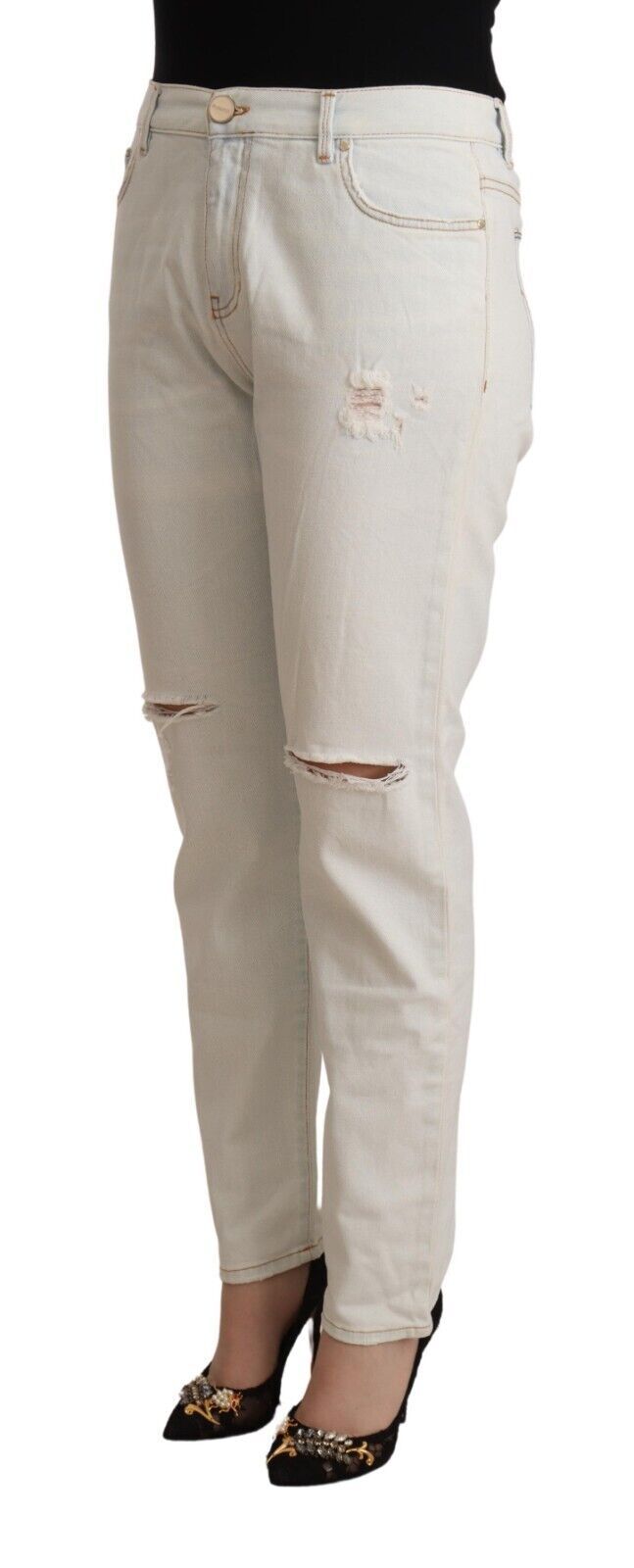 PINKO White Cotton Distressed Mid Waist Skinny Denim Jeans by PINKO