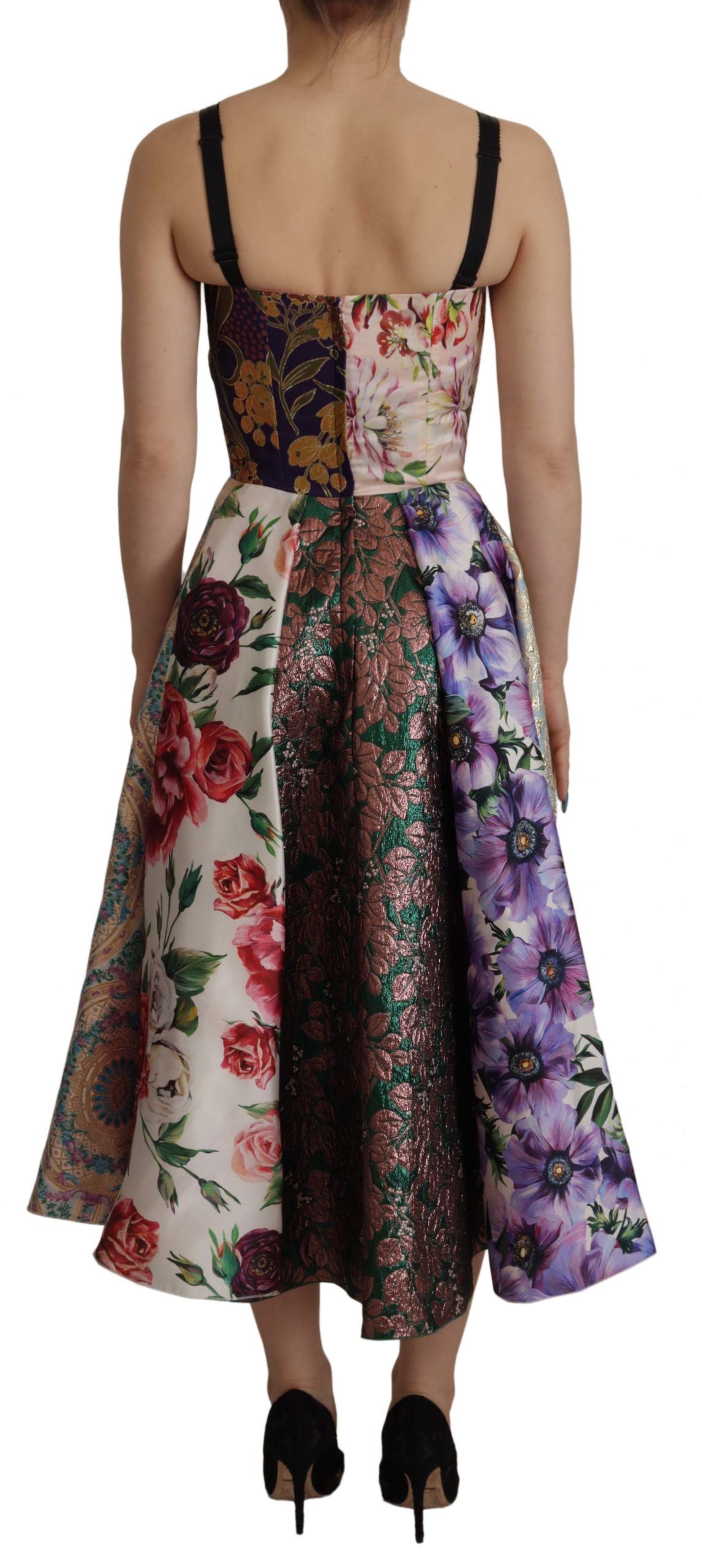 Dolce & Gabbana Dress Midi Patchwork Floral Jaquard Silk by Dolce & Gabbana