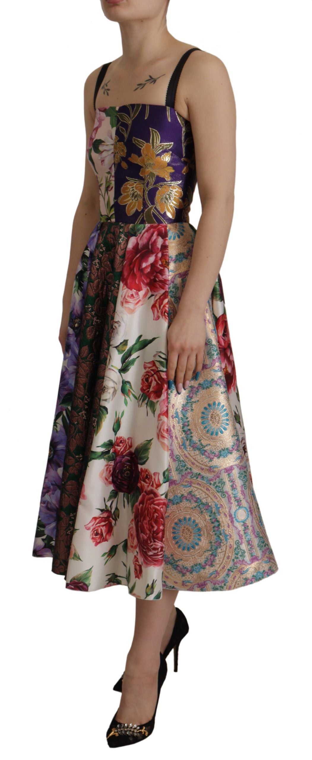 Dolce & Gabbana Dress Midi Patchwork Floral Jaquard Silk by Dolce & Gabbana
