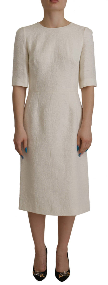 Dolce & Gabbana White Jaquard Midi Floral Sheath Brocade Dress by Dolce & Gabbana