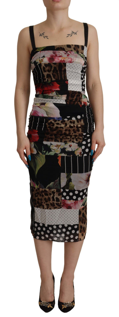 Dolce & Gabbana Multicolor Pachwork Midi Floral Silk Leopard Bodycon Dress by Dolce & Gabbana