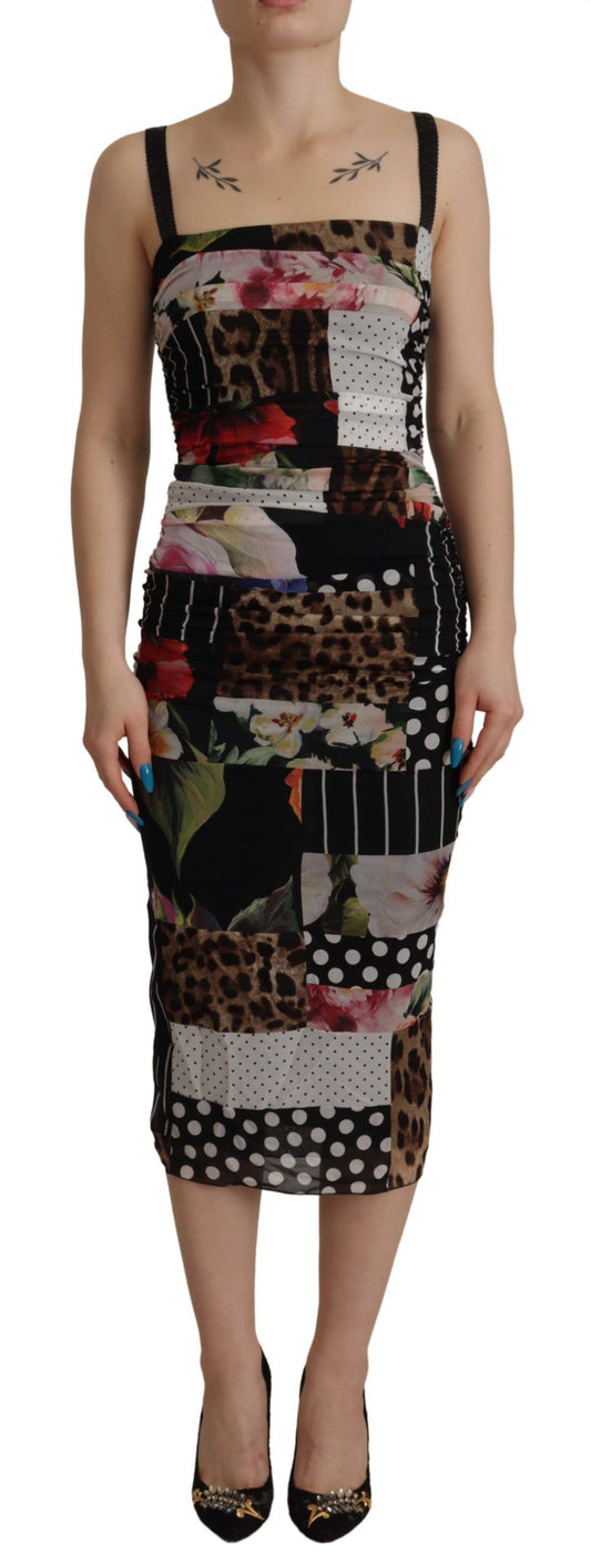 Dolce & Gabbana Multicolor Pachwork Midi Floral Silk Leopard Bodycon Dress by Dolce & Gabbana