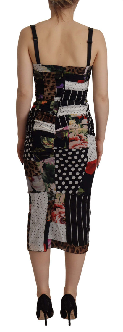 Dolce & Gabbana Multicolor Pachwork Midi Floral Silk Leopard Bodycon Dress by Dolce & Gabbana