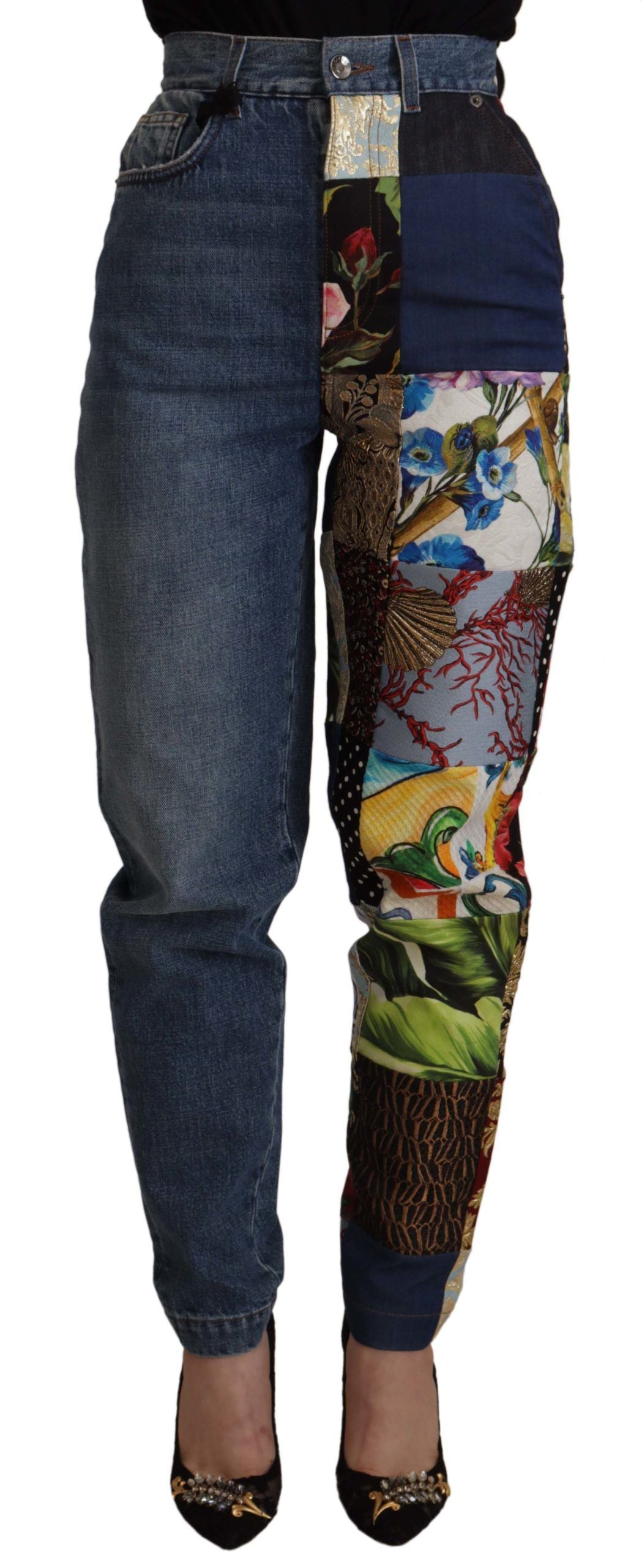 Dolce & Gabbana Blue Jeans Jacquard Majolica High Waist Pants by Dolce & Gabbana