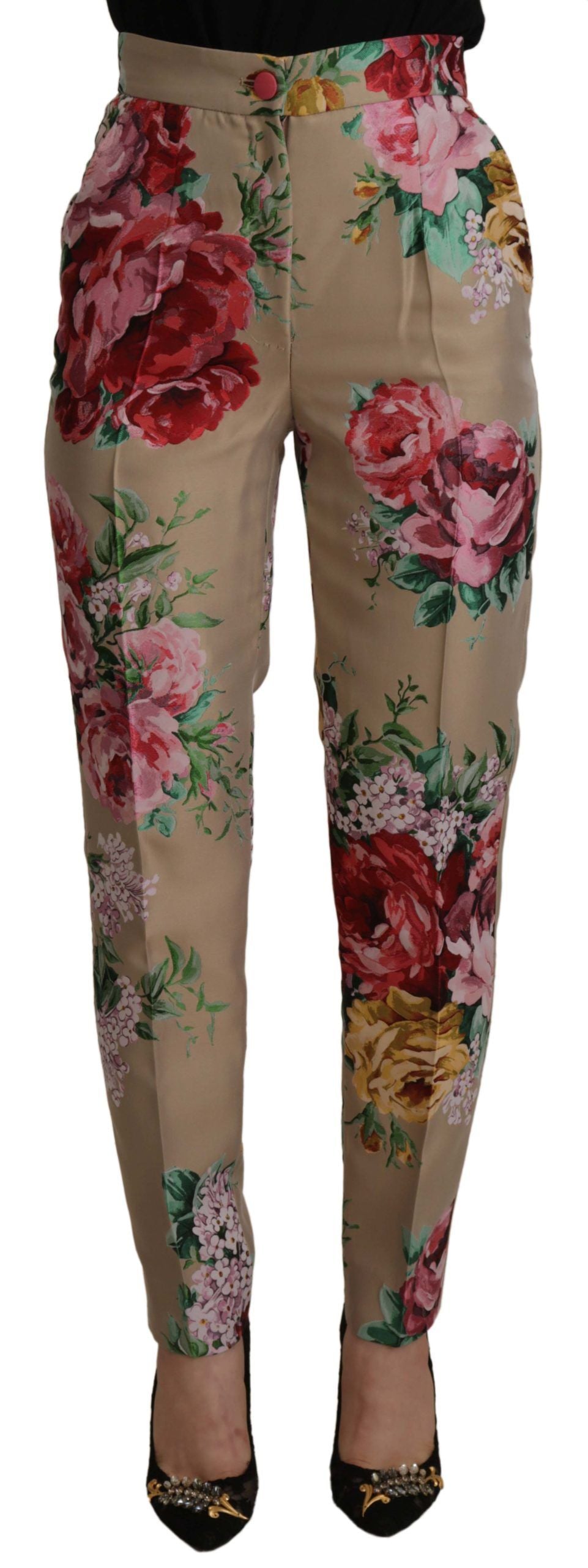 Dolce & Gabbana Beige Floral Dress Formal High Waist Pants by Dolce & Gabbana