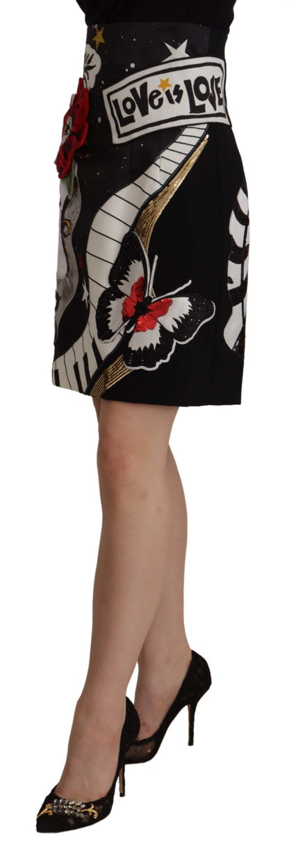 Jupe trapèze taille haute noire ornée Dolce &amp; Gabbana