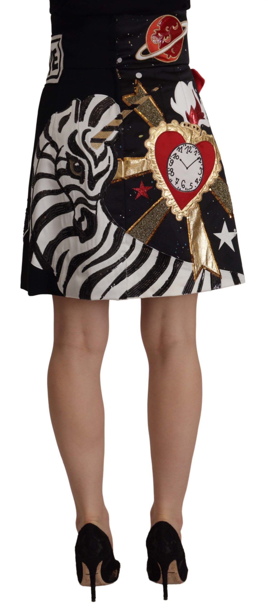 Jupe trapèze taille haute noire ornée Dolce &amp; Gabbana