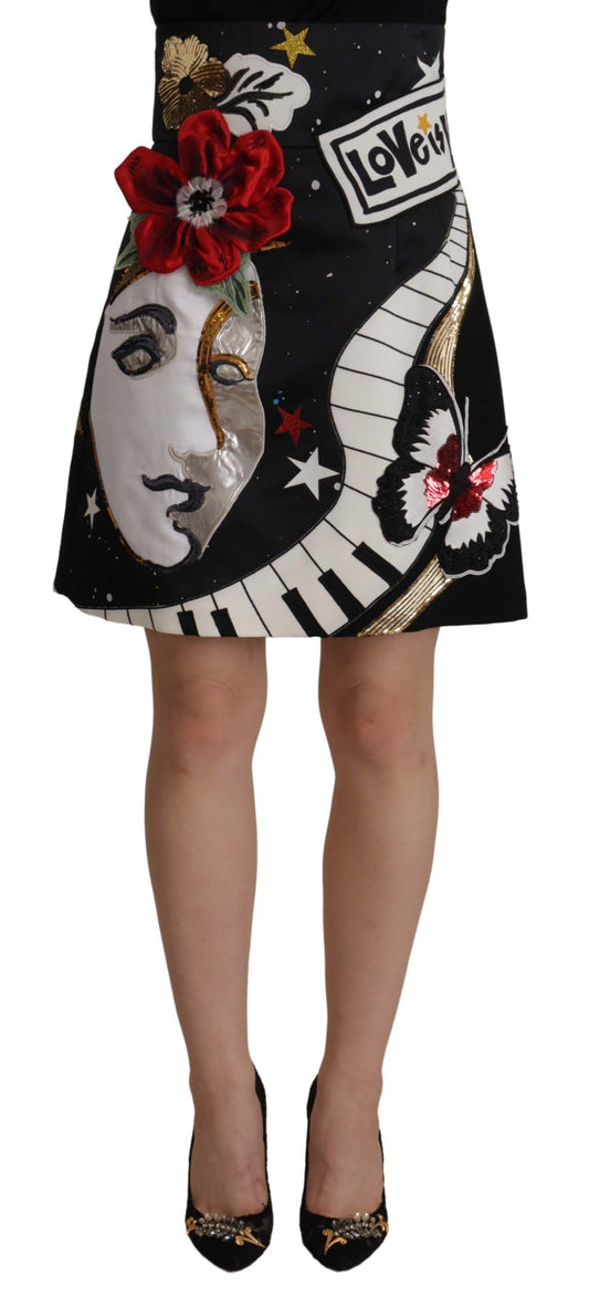 Jupe trapèze taille haute noire ornée Dolce &amp; Gabbana