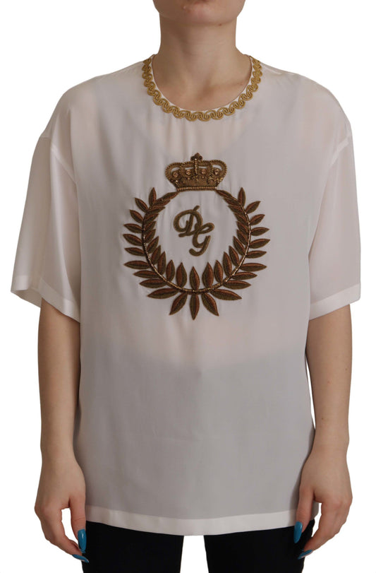 Dolce &amp; Gabbana Élégant chemisier en soie avec broderie couronne dorée