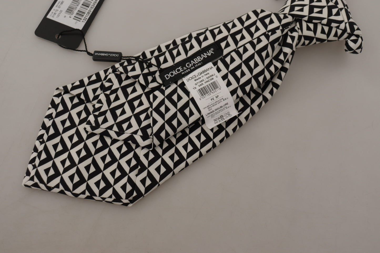 Dolce &amp; Gabbana Black White Geometric 100% Silk Adjustable Accessory Tie
