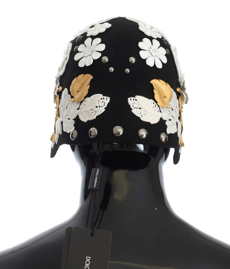 Dolce &amp; Gabbana Élégant chapeau cloche en laine noire à fleurs
