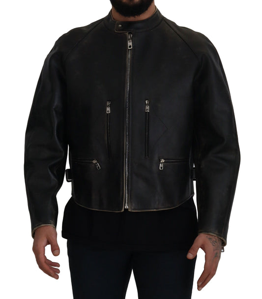 Dolce &amp; Gabbana Élégante veste en cuir noir avec détails argentés