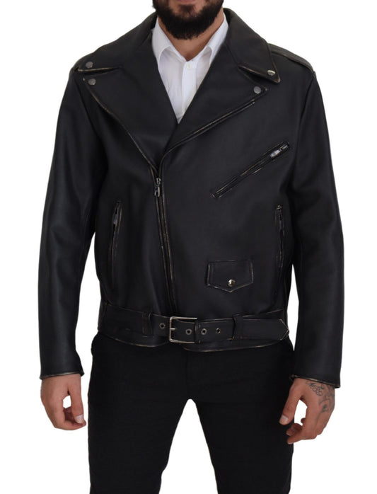 Dolce &amp; Gabbana Élégante veste de motard en cuir noir