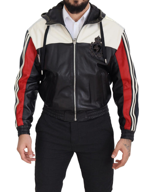 Blouson aviateur à capuche en cuir noir Dolce &amp; Gabbana Elite
