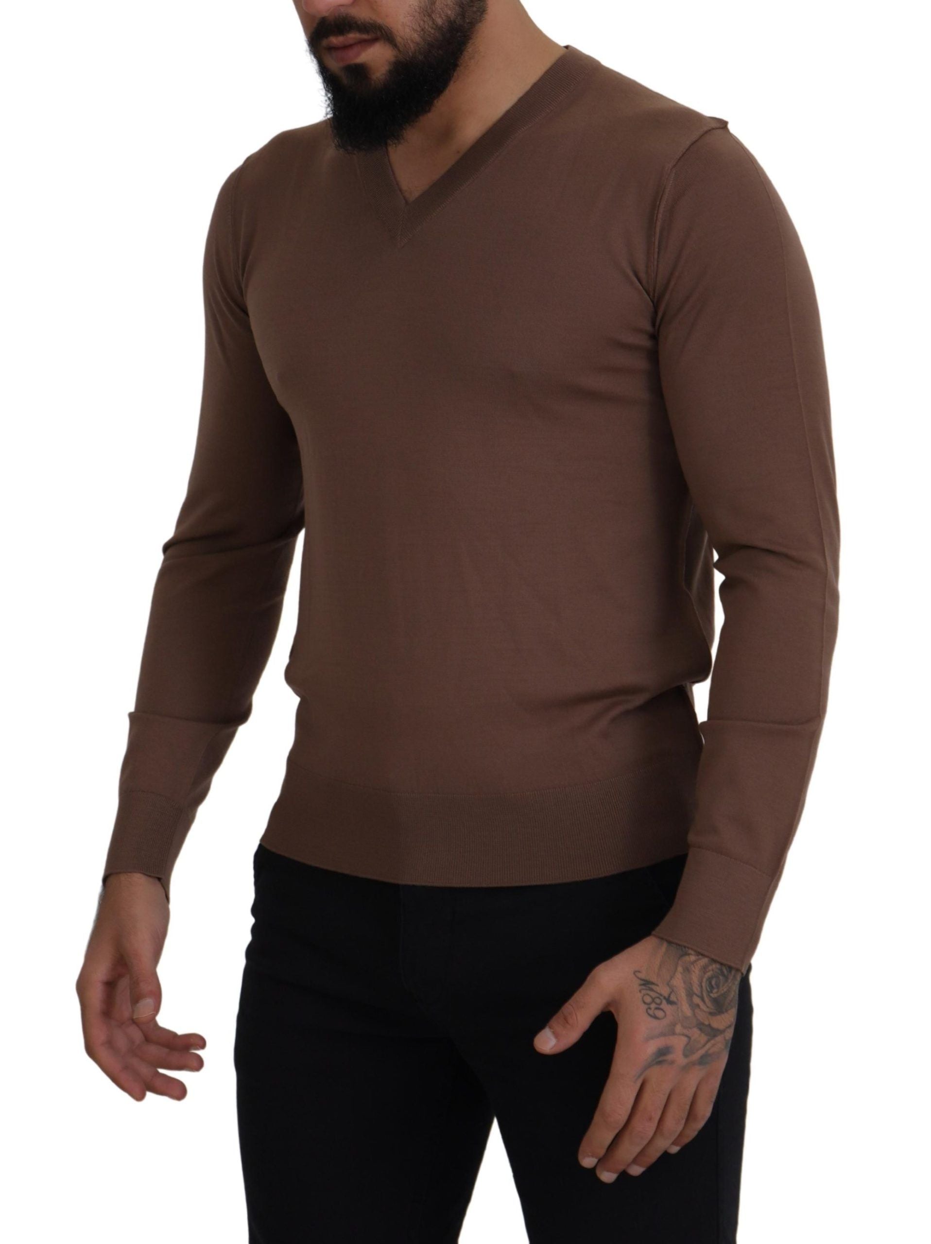 Dolce & Gabbana Brown Wool Men V-neck Pullover Sweater by Dolce & Gabbana
