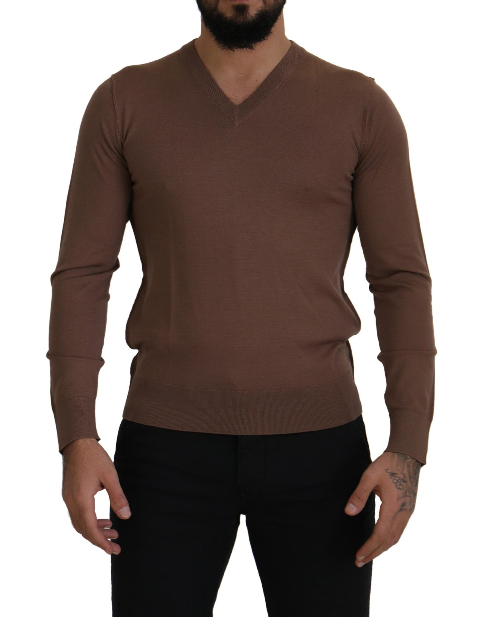 Dolce & Gabbana Brown Wool Men V-neck Pullover Sweater by Dolce & Gabbana