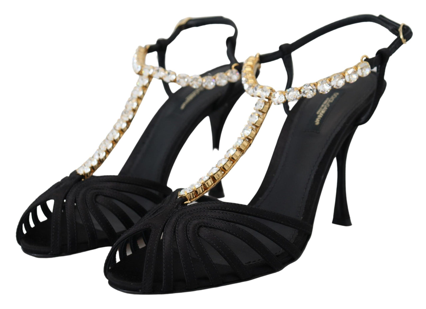 Dolce &amp; Gabbana Black Satin Clear Crystal T-strap Sandal Shoes
