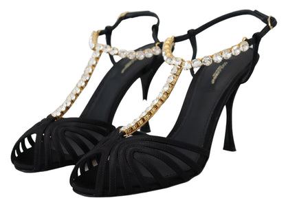 Dolce &amp; Gabbana Black Satin Clear Crystal T-strap Sandal Shoes