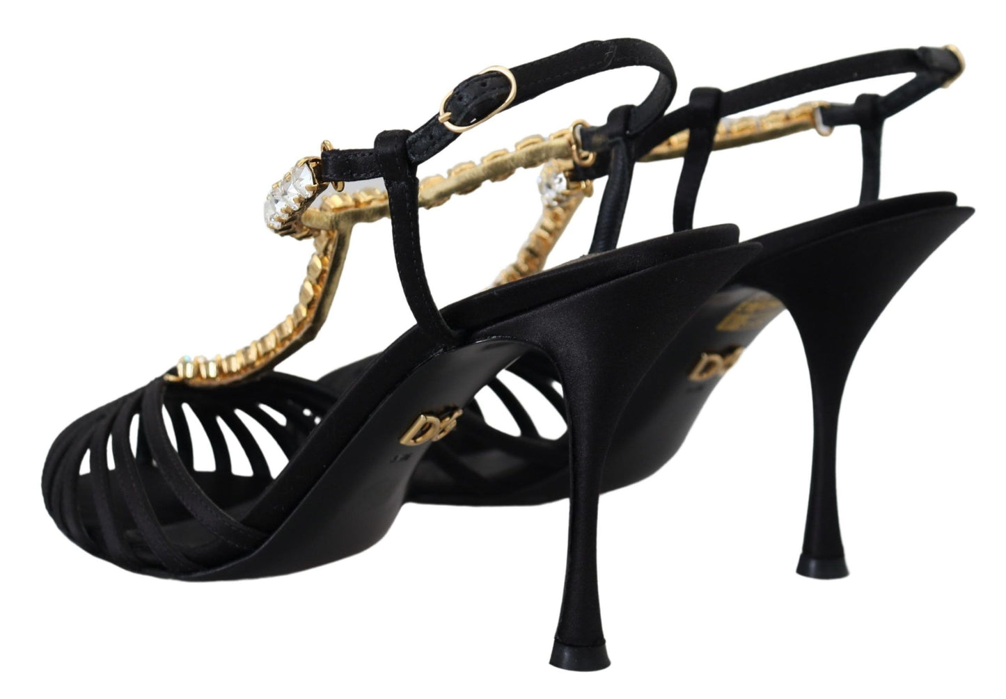 Dolce &amp; Gabbana Black Satin Clear Crystal T-strap Sandal Shoes