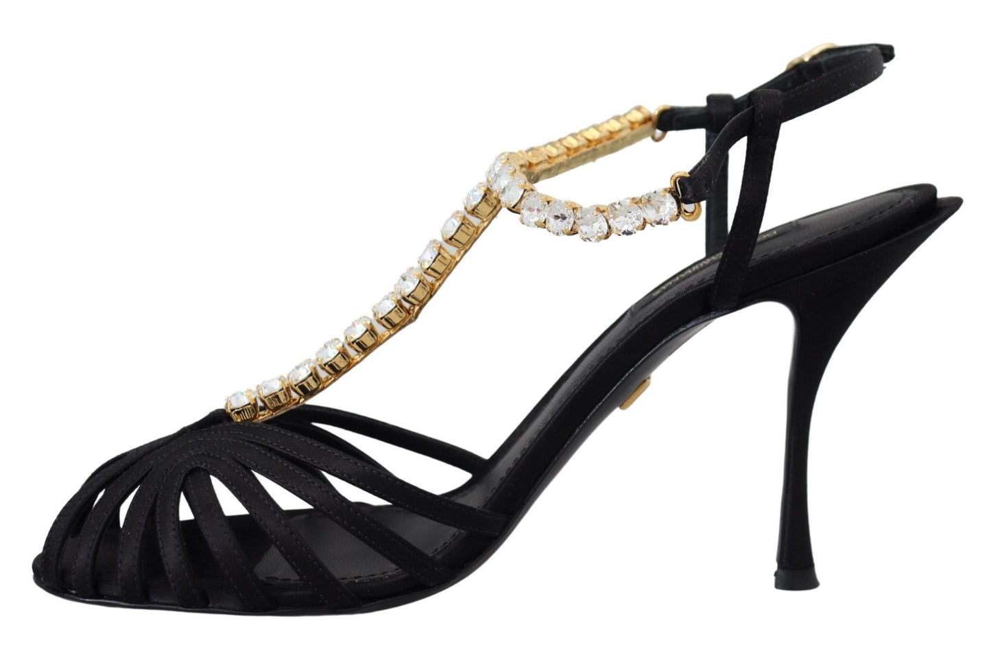 Dolce &amp; Gabbana Black Satin Clear Crystal T-strap Sandal Shoes