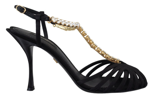 Dolce &amp; Gabbana Black Satin Clear Crystal T-strap Sandal Shoes