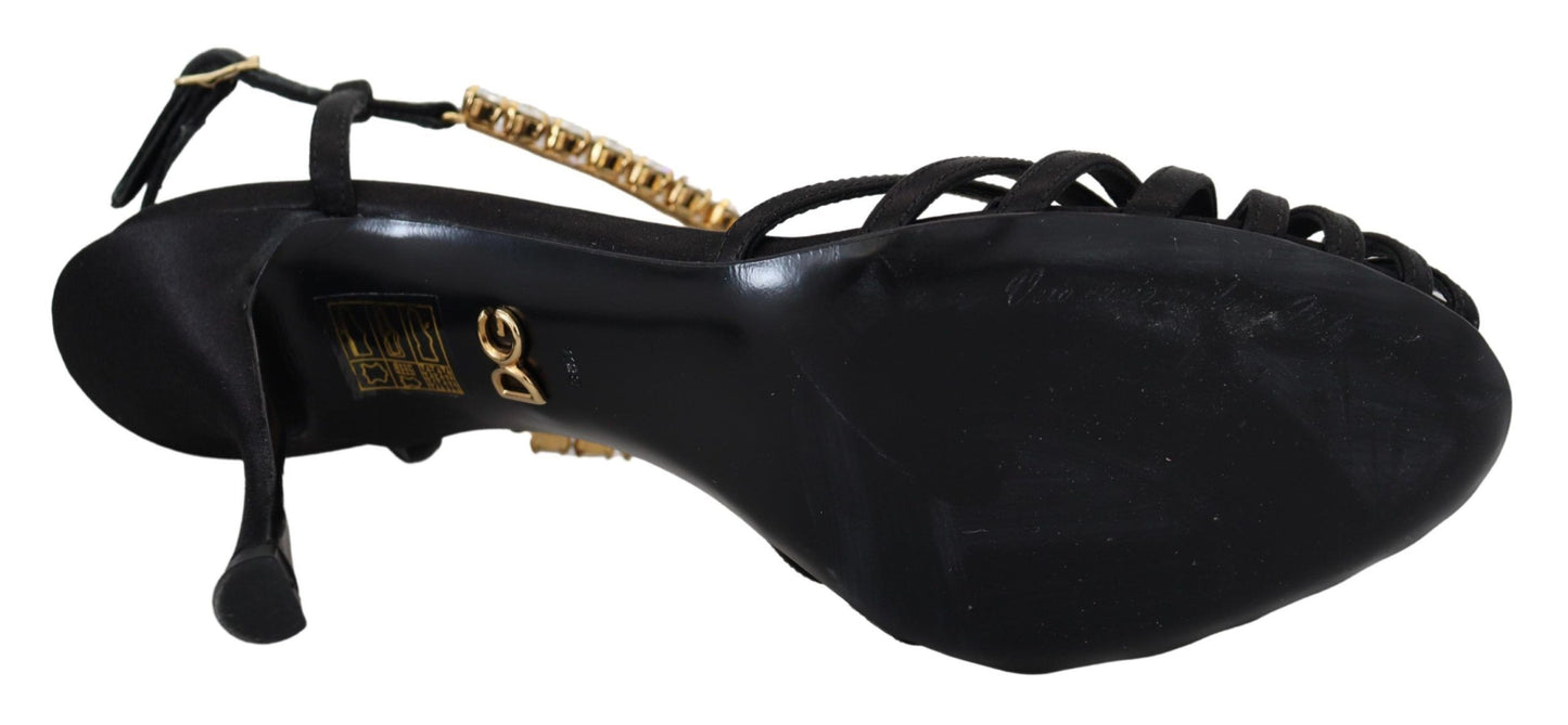 Dolce &amp; Gabbana Black Satin Clear Crystal T-strap Sandal Shoes