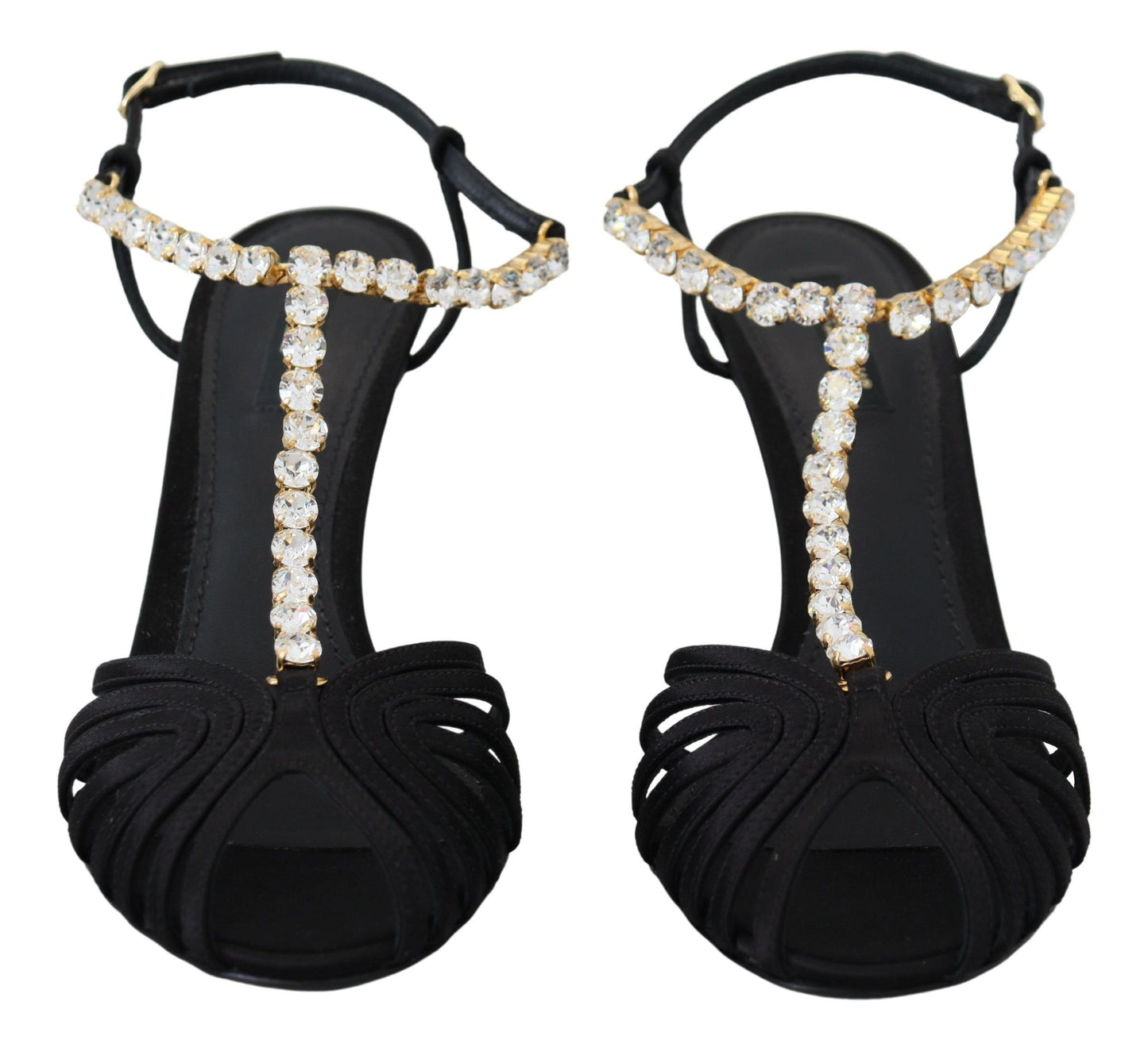 Dolce &amp; Gabbana Black Satin Clear Crystal T-strap Sandal Shoes