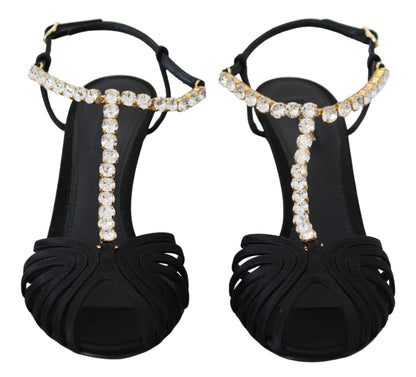 Dolce &amp; Gabbana Black Satin Clear Crystal T-strap Sandal Shoes