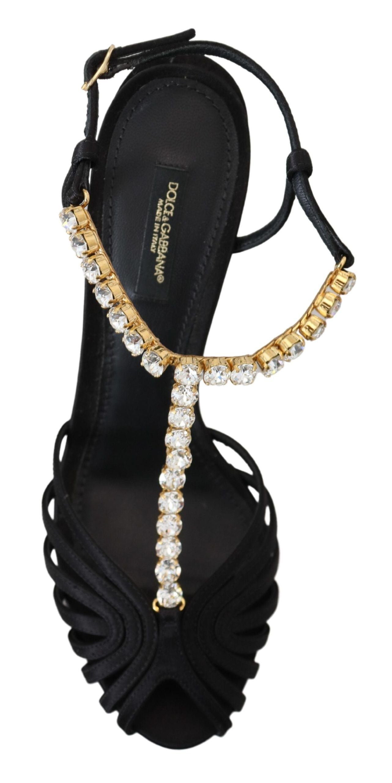 Dolce &amp; Gabbana Black Satin Clear Crystal T-strap Sandal Shoes