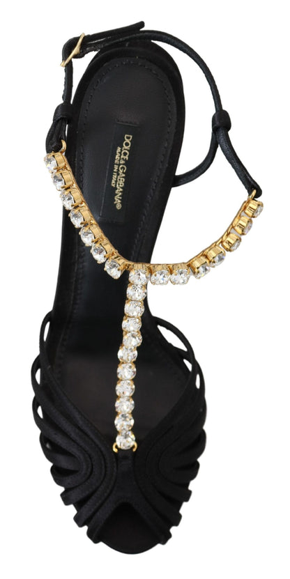 Dolce &amp; Gabbana Black Satin Clear Crystal T-strap Sandal Shoes