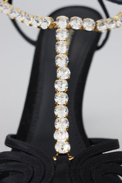 Dolce &amp; Gabbana Black Satin Clear Crystal T-strap Sandal Shoes