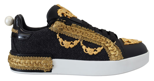 Baskets élégantes en cuir Portofino noires Dolce &amp; Gabbana