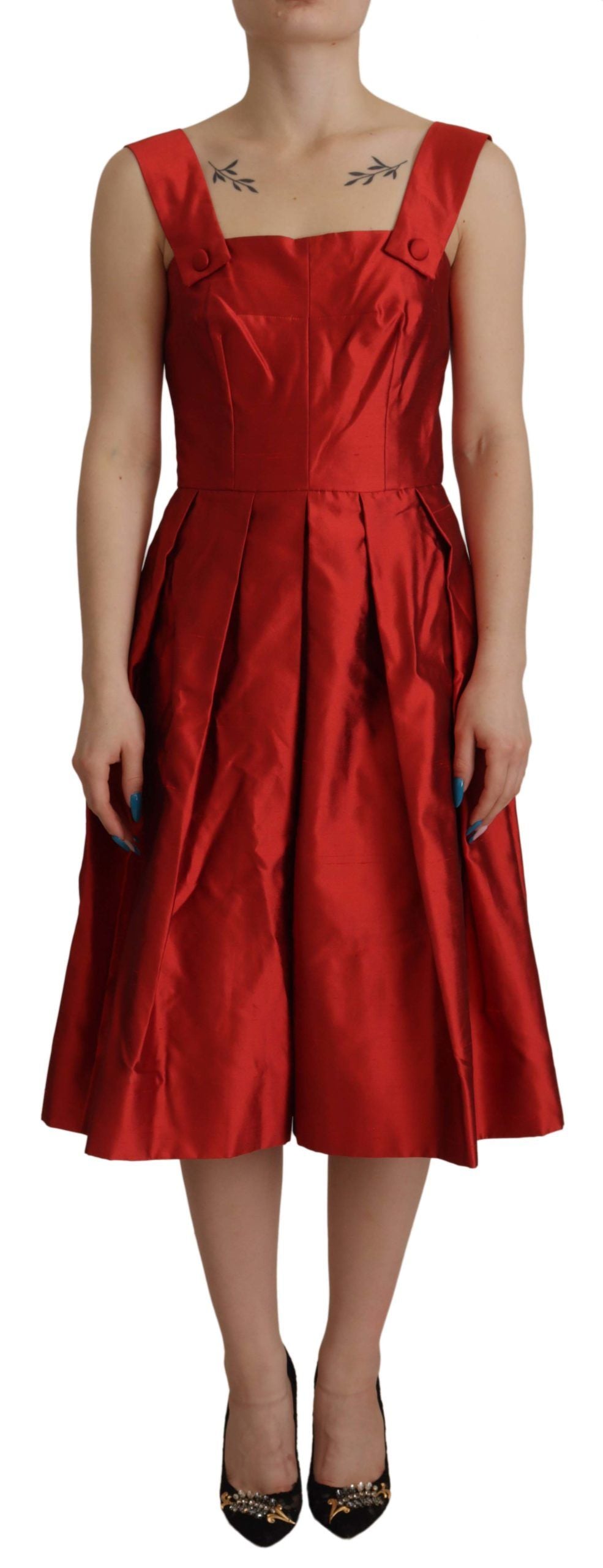 Dolce & Gabbana Red A-line Pleated Satin Silk Dress by Dolce & Gabbana