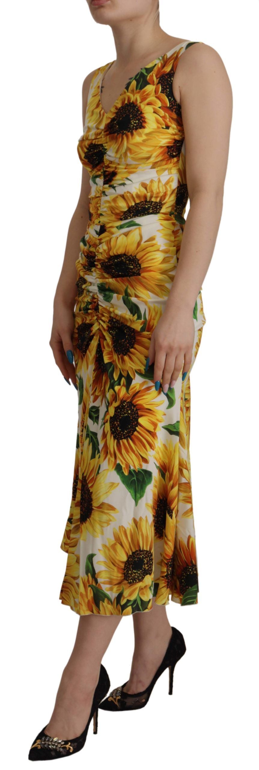 Dolce & Gabbana White Sunflower Print Sheath Midi Silk by Dolce & Gabbana