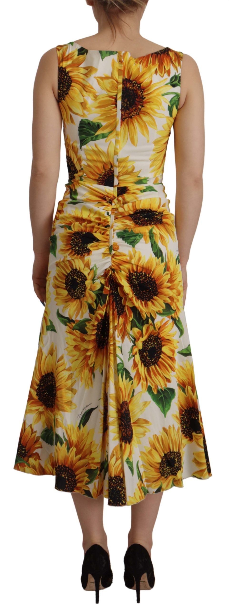 Dolce & Gabbana White Sunflower Print Sheath Midi Silk by Dolce & Gabbana