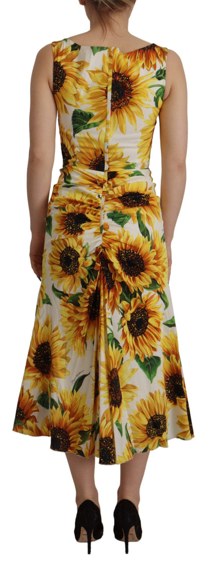 Dolce & Gabbana White Sunflower Print Sheath Midi Silk by Dolce & Gabbana