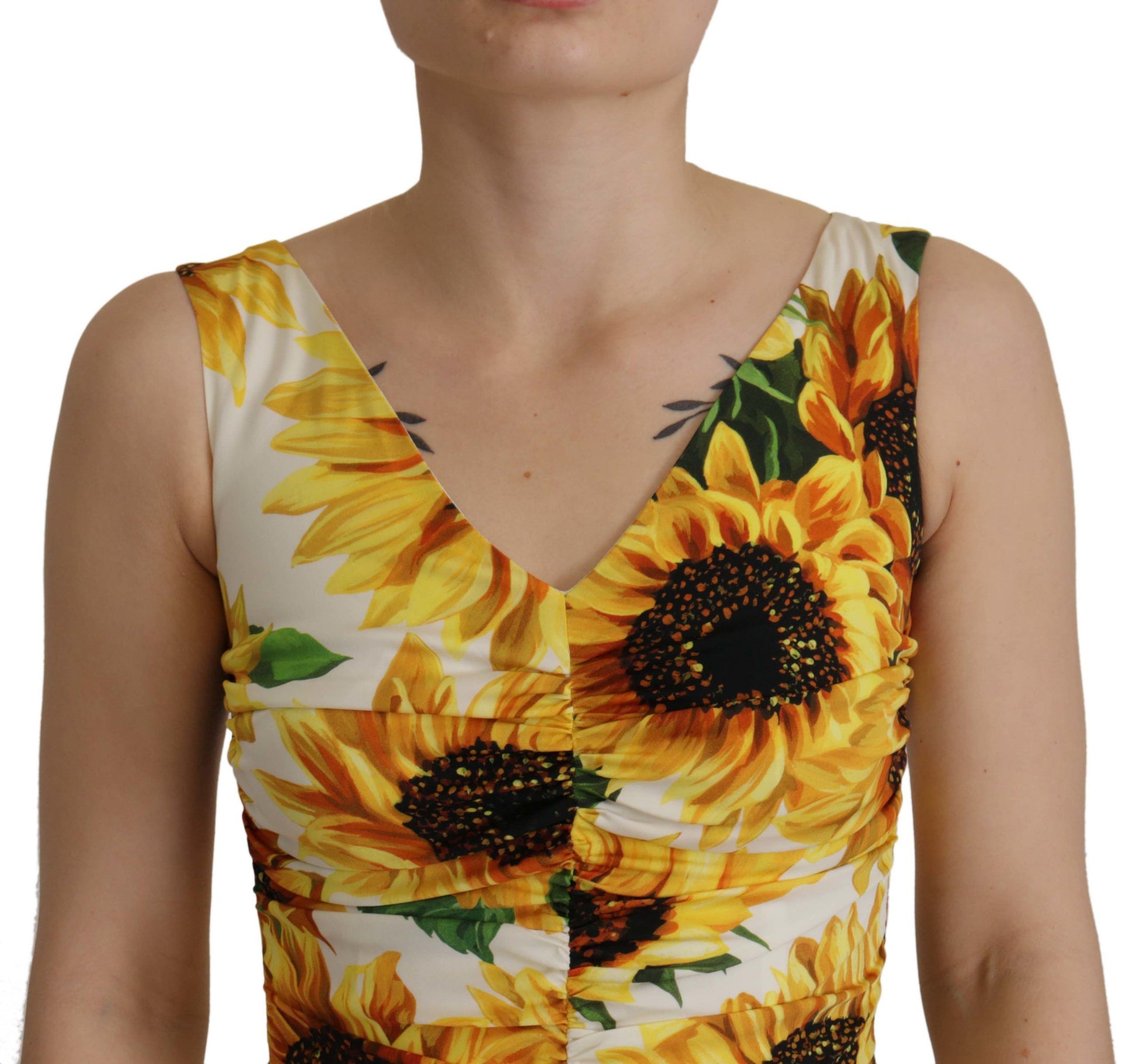 Dolce & Gabbana White Sunflower Print Sheath Midi Silk by Dolce & Gabbana